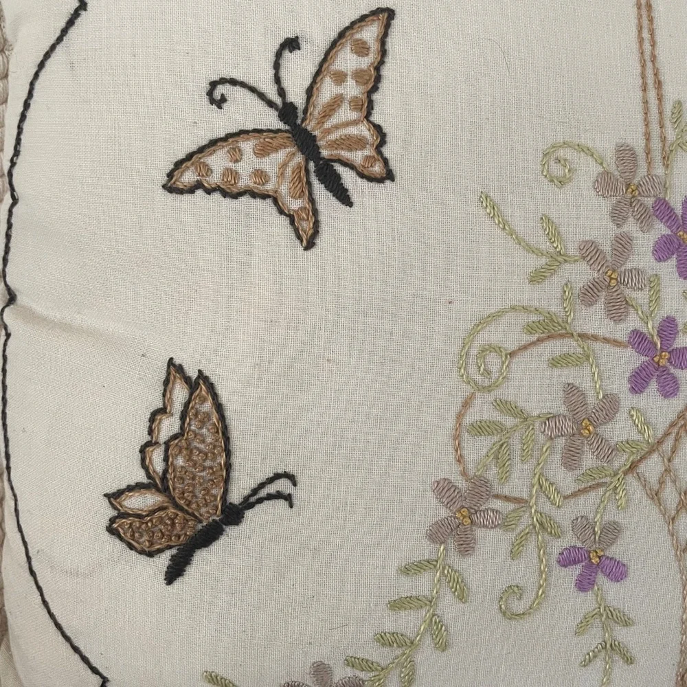 Vintage 80s Embroidered Butterfly Flowers Throw‎ Pillow 14